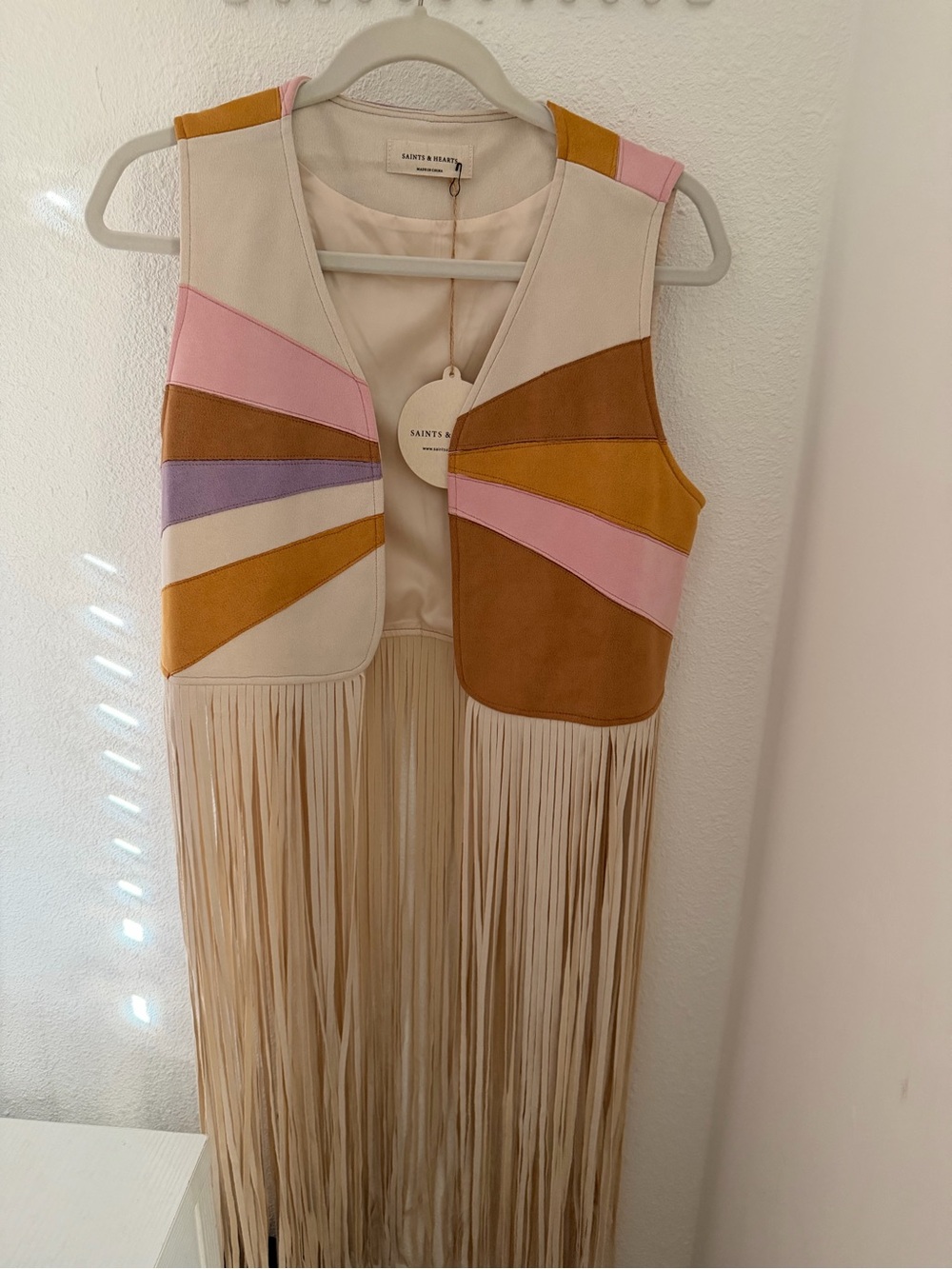 Saints & Mortar Cream Fringe Suede Vest with Pink & Mustard Panels